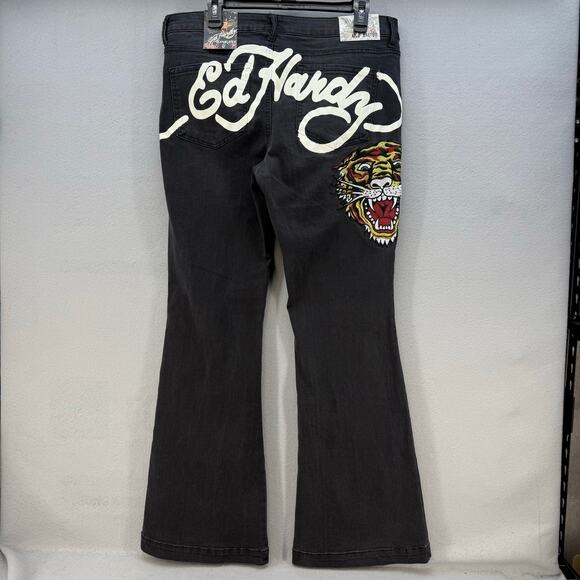 Ed Hardy Jeans Women's 32 (14) Black Embroidered Tiger Slim Flare Y2K Streetwear - Picture 2 of 16